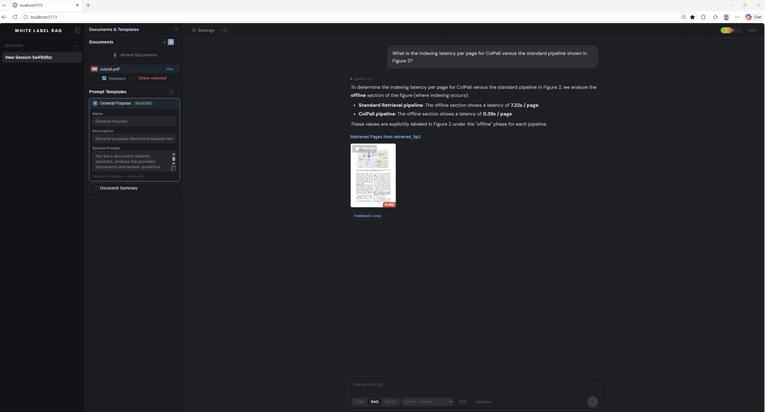 RAG Lab interface — dark mode